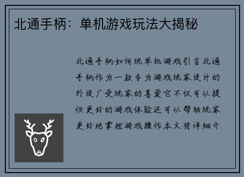北通手柄：单机游戏玩法大揭秘